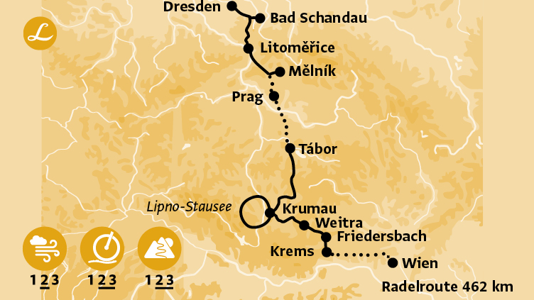 Die Landpartie: Karte der Route der Radreise von Dresden nach Wien über Prag, Sächsische Schweiz