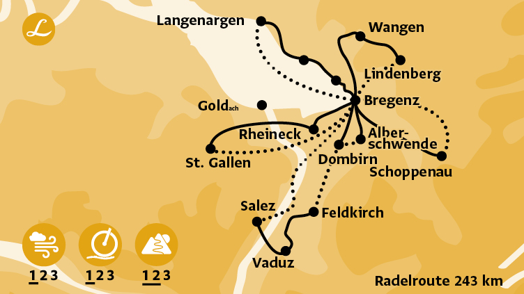 Karte der Route der Radreise am Bodensee mit schwarzer Verbindungslinie und Wegepunkten