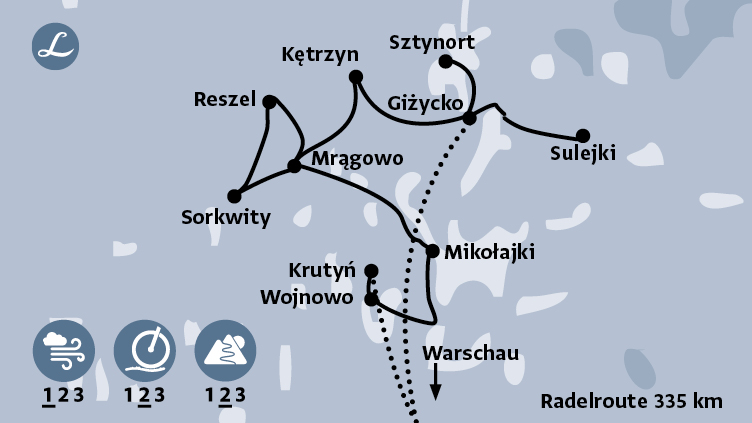 Radfahrkarte der Radreise in Polen, Masuren