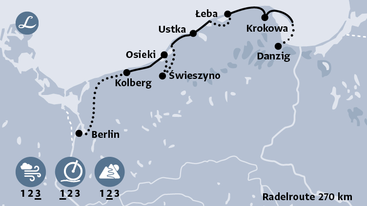 Radkarte der geführten Radreise Pommern