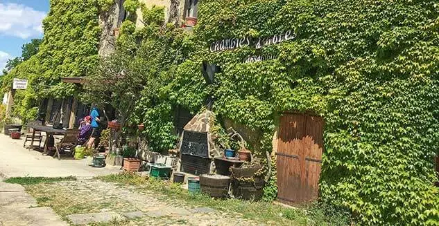 Das Bild zeigt den Eingang eines charmanten, mit Efeu bewachsenen Gebäudes in Südfrankreich