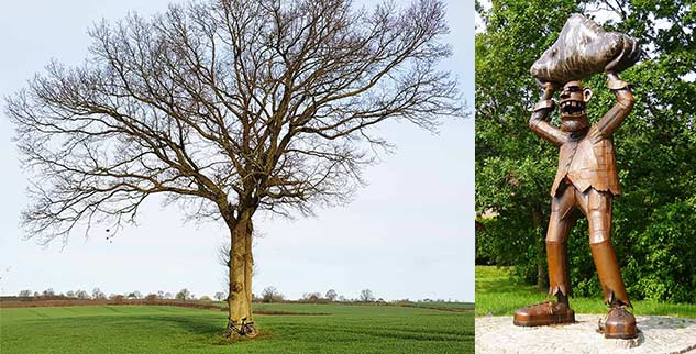 Kollage von Rainer Grendel, Baum auf Feld und Bronzestatue