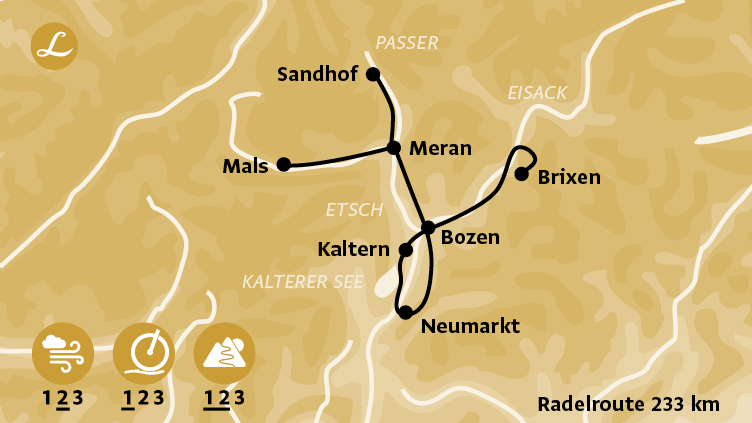 Karte der Route der Radreise in Südtirol (Landpartie) mit Stationen Meran, Bozen, Kalterer See