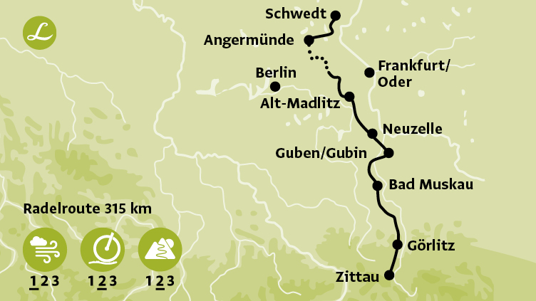 Karte der Route der Radreise an Oder und Neiße mit Höhepunkten Görlitz, Zittau, Berlin, Schwedt