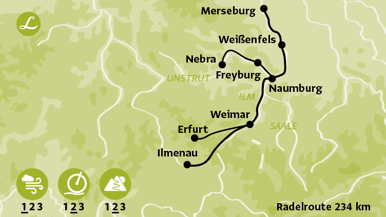 Karte der Route der Radreise entlang der Saale, Ilm und Unstrut über die Höhepunkte Weimar, Erfurt