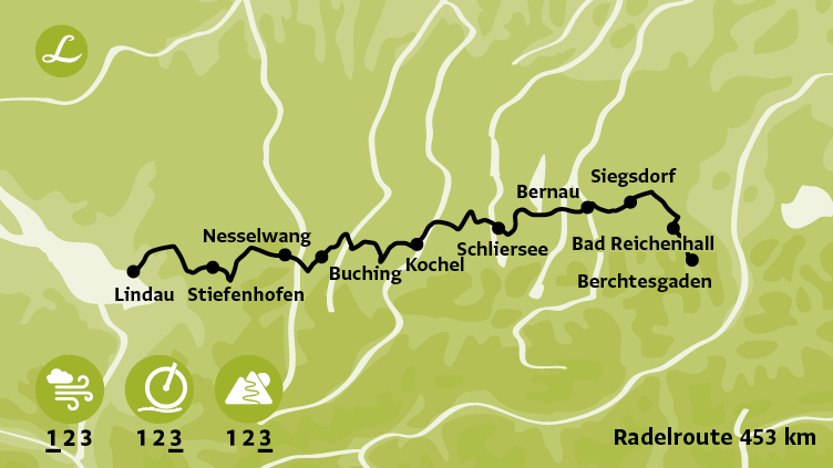 Radkarte der Landpartie Radreise: Bodensee-Königssee-Radweg: Lindau - Berchtesgaden