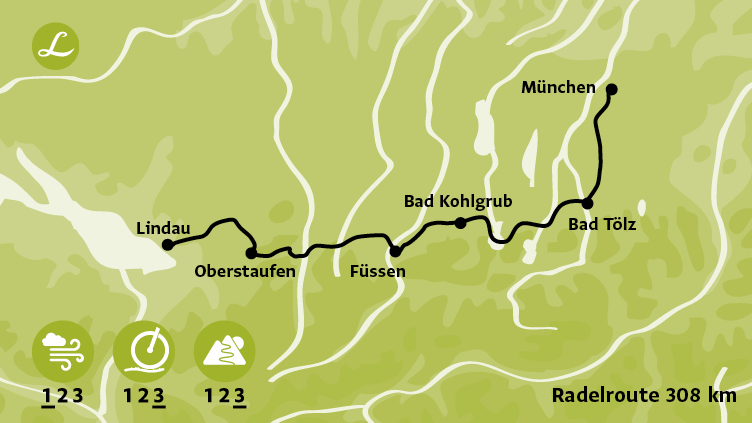 Radroute der Landpartie-Radreise: Bodensee-Königssee-Radweg: Lindau - München
