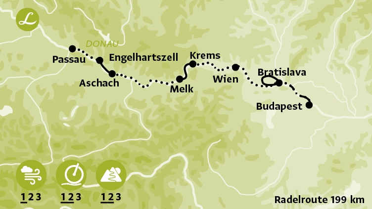 Radfahrkarte / Radroute der individuellen Landpartie Radreise von Passau nach Wien