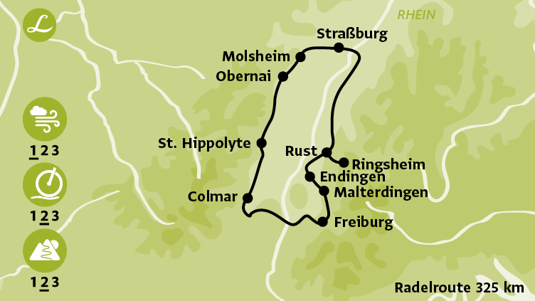 Radfahrkarte der individuellen Landpartie Radreise Elsässer Weinstraße