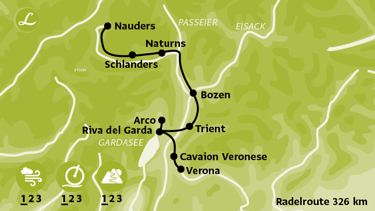 Radtourkarte / Radwege der individuellen Landpartie Radreise (Etschtalradweg)