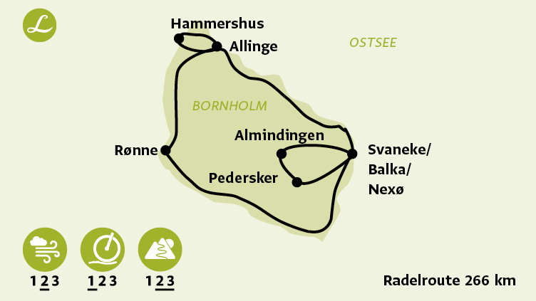 Radfahrkarte / Radroute der individuellen Radreise auf Bornholm