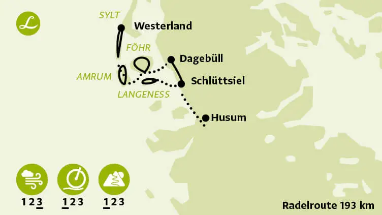 Radkarte der Landpartie Radreise Inselradeln in Nordfriesland