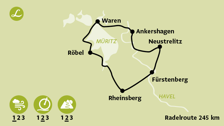 Radkarte der individuellen Radreise an der Mecklenburgischen Seenplatte (Die Landpartie)