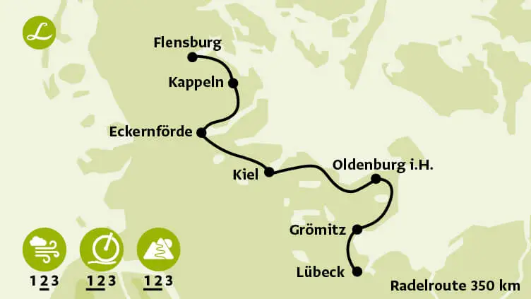 Radroute / Radfahrkarte der individuellen Landpartie Radreise Flensburg-Lübeck