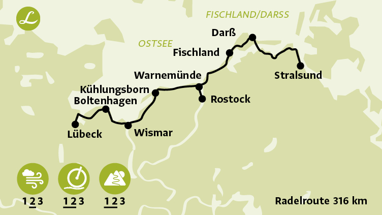 Radfahrkarte / Radroute der individuellen Landpartie Radreise von Lübeck nach Stralsund
