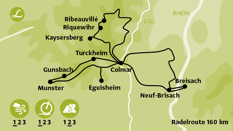 Radkarte der Landpartie Radreise Sternradeln Elsass
